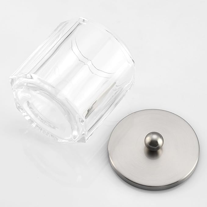 Home Glass Cotton Jar Holder Nickel Lid, Elegant Bathroom Storage Canister for Qtips, Cotton Balls, Floss, Makeup Organizer, Vanity Bathroom Organization