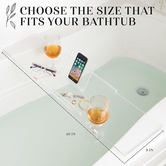 40" Supreme Plus- Luxury Bathtub Tray Caddy- 3/8" Thick, Clear Bath Tub Tray Table for 1 or 2 Bathers, Acrylic Bathtub Caddy, iPad and 2 Wine Glass Holders (Supreme Plus, 40")