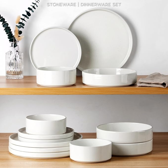 Stoneware Dinnerware Sets for 2, Onader Speckled Plates and Bowls, 8 Pieces Ceramic Dish Dinner Set with Pasta Bowl, Microwave & Dishwasher Safe - Cloud White