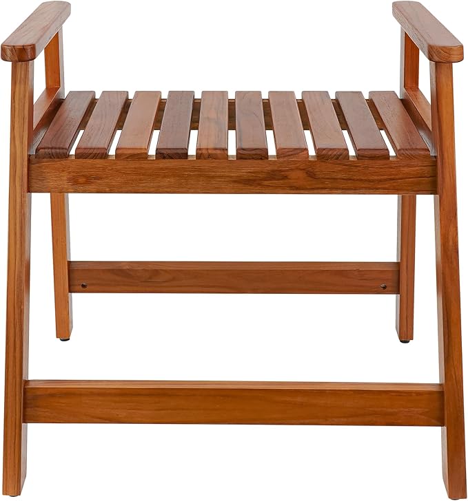 VaeFae Teak Shower Chair with Arms, 22" Shower Bench, Spa Bath Seat for Bathroom, Wooden Shower Stool for Inside Shower