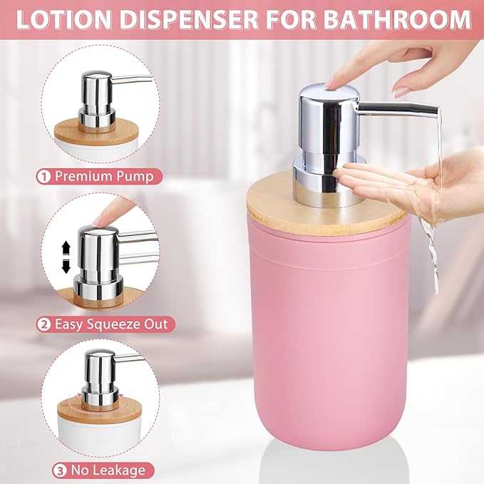 iMucci Bathroom Accessories Set 5Piece Pink Bathroom Sets, Toothbrush Holder, Toothbrush Cup, Lotion Soap Dispenser, Soap Dish and Qtip Holder Bathroom Decor
