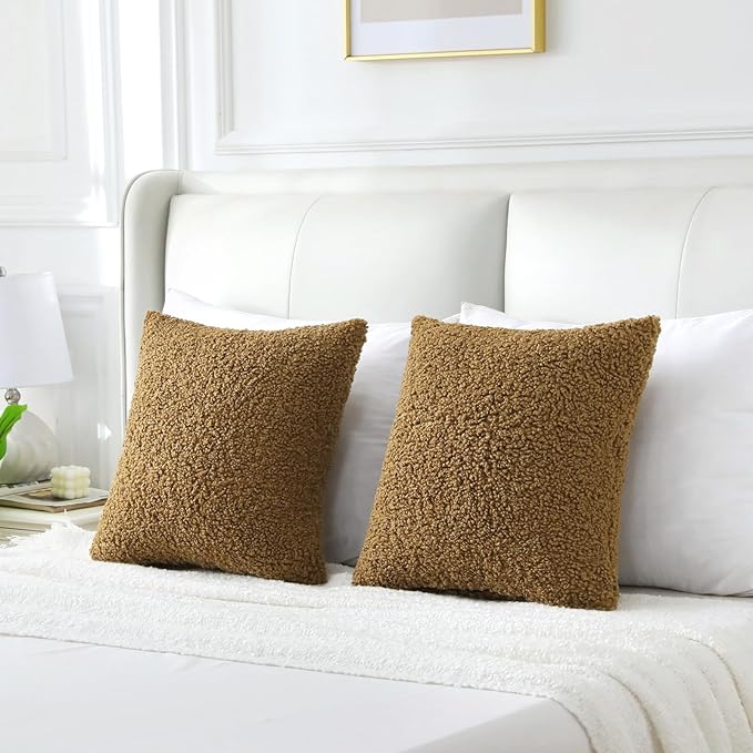 FUTEI Khaki Throw Pillow Covers 18x18 Inch Set of 2,Furry Faux Fur Teddy Boucle Textured Cushion Covers,Soft Fluffy Decorative Pillow Case,Home Decor for Couch Bed Living Room Office Car
