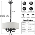 Drum Chandelier, 17.71” Farmhouse Chandeliers for Dining Room 4-Light with White Linen Drum Shade, Adjustable Height Round Chandelier Hanging Light for Kitchen Living Room Bedroom, UL-Listed