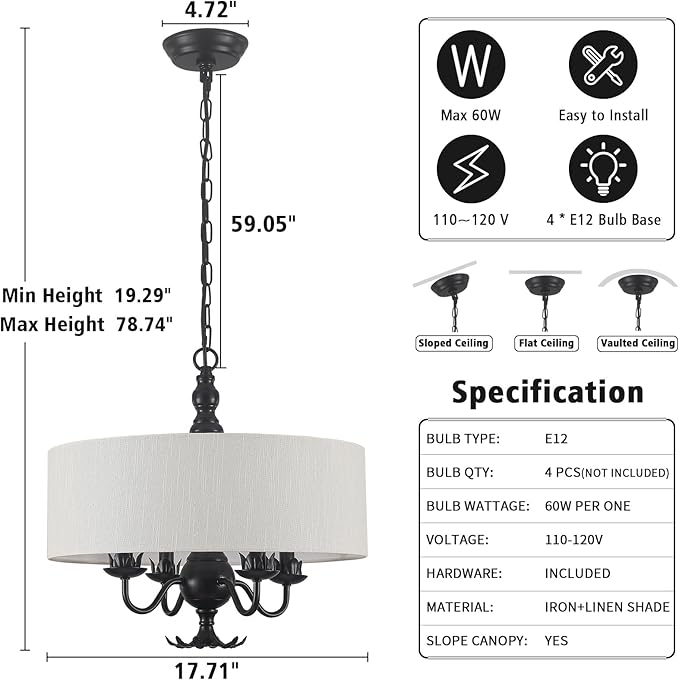 Drum Chandelier, 17.71” Farmhouse Chandeliers for Dining Room 4-Light with White Linen Drum Shade, Adjustable Height Round Chandelier Hanging Light for Kitchen Living Room Bedroom, UL-Listed