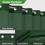 Long No Hooks Needed Linen Textured Shower Curtain with Snap-in Fabric Liner Set,Hotel Luxury Decor Shower Curtains for Bathroom,Waterproof & Washable,71Wx80H,Emerald Green
