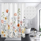 Flower Waffle Shower Curtain Leaves Fabric Bath Curtain, Floral Plants Long Shower Curtains for Bathroom Natural Curtain Waterproof with Hooks for Kids Bathroom Home Hotel Decor 72x72 inch
