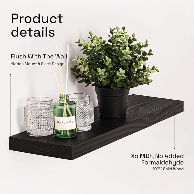 BAOBAB WORKSHOP Solid Wood Floating Shelves for Wall 20 Inch Wide, Wooden Bathroom Shelves for Room Wall, Heavy Duty Shelf Mounted Kitchen Bedroom Rustic Farmhouse, Black Shelf, 20W × 6.7D, Set of 2