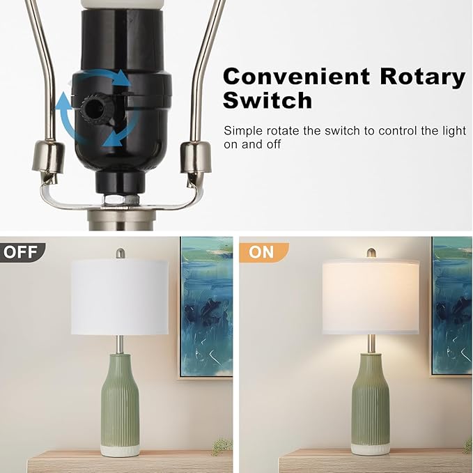24.5″ Ceramic Table Lamps Set of 2, Modern Farmhouse Bedside Lamps for Bedroom Nightstand, Small Light Green Lamp for Living Room End Table (2 LED Bulbs Included)