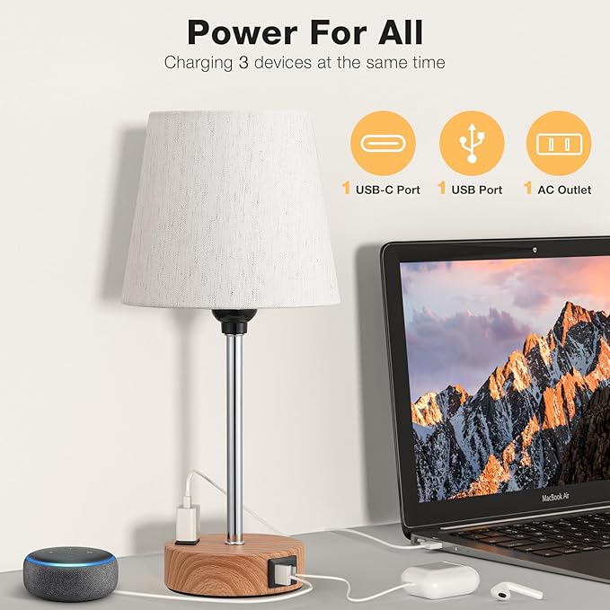 Bedside Lamps for bedrooms Set of 2 - Nightstand Bedroom Lamp with USB C Port and AC Outlet Charging, 3 Way Dimmable Touch Control Small Bed Side Table Lamp, Nightstand Light for Kids
