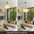 18" Drum Pendant Light Fixture, 3 Light Drum Chandelier with Wihte Fabric Lampshade, 2 Tier Dining Room Light Fixtures over Table, Ceiling Drum Chandeliers for Dining Room, Bedroom and Living Room