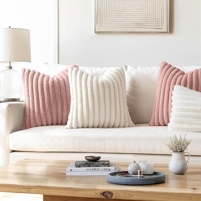 MIULEE Faux Fur Decorative Throw Pillow Covers 18x18 Inch Set of 2, Modern Spring Home Decor Soft Plush Couch Pillows Cozy Fluffy Cushion Covers for Sofa Bed Blush Pink