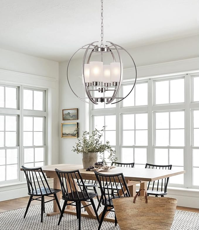 BOZO Brushed Nickel Chandelier Dining Room Lighting Fixtures Modern Foyer 24" Orb Chandeliers 4 Light Hanging Pendant Ceiling Lighting Frosted Glass Shades
