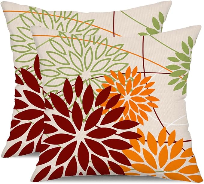 Red Orange Fall Pillow Cover 20X20 Inch Set of 2 Outdoor Waterproof Floral Orange Decorative Pillowcase Decor for Couch Patio Funiture Garden Print Polyester Cushion Cover 01N20