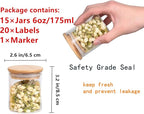 SODSAI 15 Piece Glass Storage Jars Set with Airtight Bamboo Lids and Labels,6oz Glass Spice Jar Mini Food Storage Containers for Home Kitchen,Pantry,Tea,Sugar,Salt,Coffee,Flour,Herbs,Grains