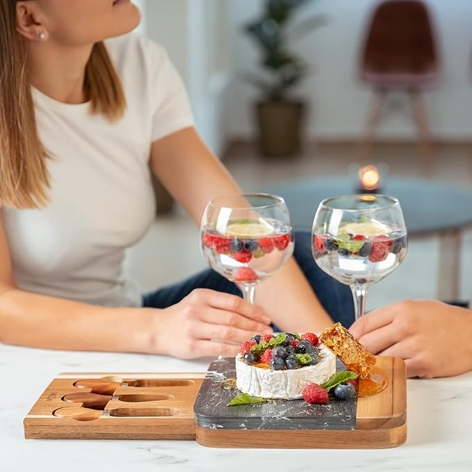 Marble Cheese Board - Acacia Wood Tray With 3-Knife Set - Charcuterie Board for 2-6 People - Great Gift for Weddings, Anniversary & Housewarming Parties - Black