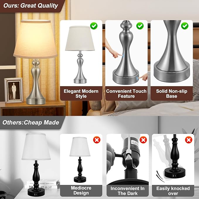 Seealle Touch Lamps for Night Stands - Bedside Lamps Set of 2, 3 Way Dimmable, USB C+A for Bedroom & End Tables (Oat&Nickel)