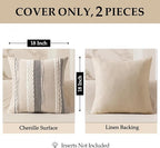 ANRODUO Pack of 2 Boho Decorative Throw Pillow Covers 18x18 Farmhouse Cushion Case Striped Chenille Pillow Cases Square Pillow Covers Accent Neutral Pillowcase for Sofa Couch Bed Fall, White Stripe