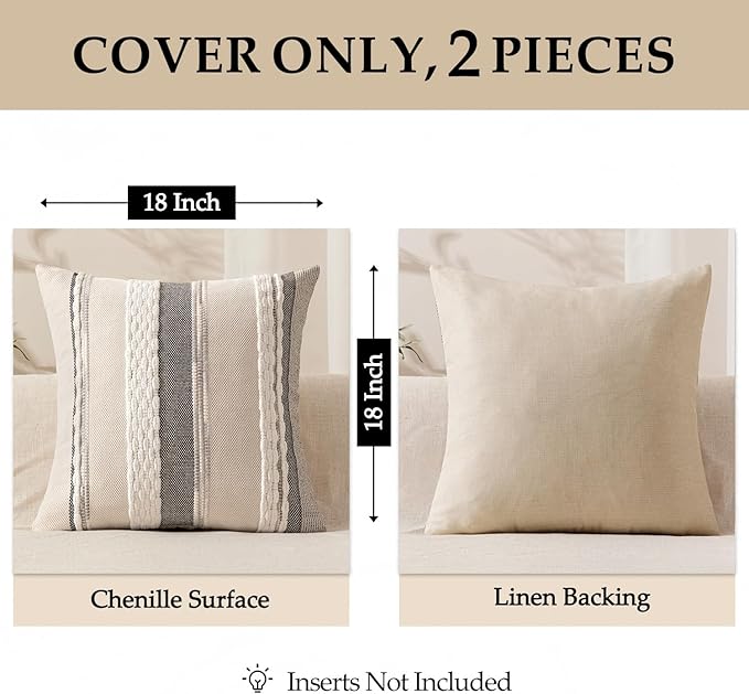ANRODUO Pack of 2 Boho Decorative Throw Pillow Covers 18x18 Farmhouse Cushion Case Striped Chenille Pillow Cases Square Pillow Covers Accent Neutral Pillowcase for Sofa Couch Bed Fall, White Stripe