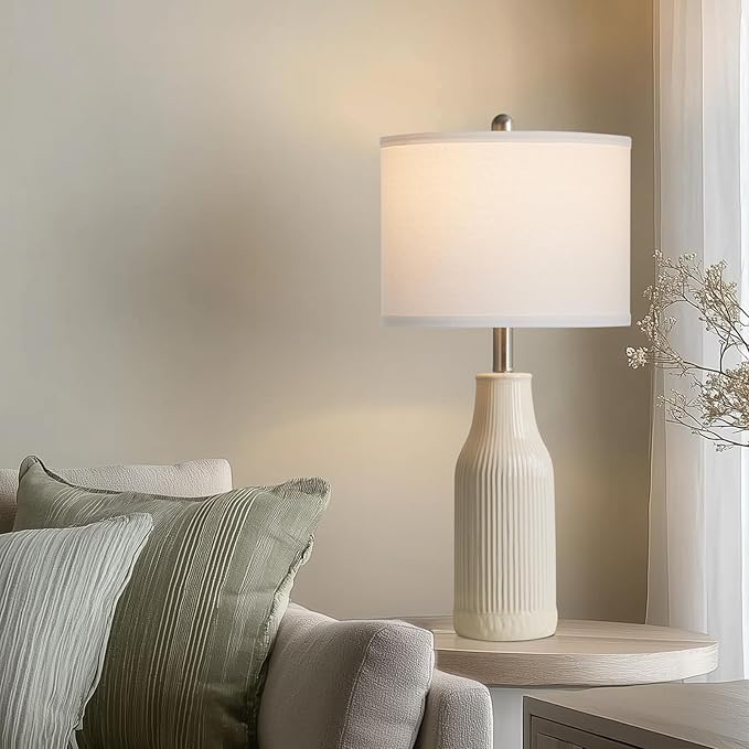 24.5″ Modern Ceramic Table Lamp for Nightstand, Farmhouse Bedside Lamp for Bedroom, Small Table Lamps for Living Room End Table, Beige (1 Pack)