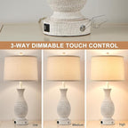 28" Rustic Farmhouse Table Lamps for Living Room Set of 2 Bedroom Lamps for Nightstand with USB A+C Charging Ports, 3-Way Dimmable Touch Bedside Lamp, Off-White, Linen Lampshade, LED Bulbs Included