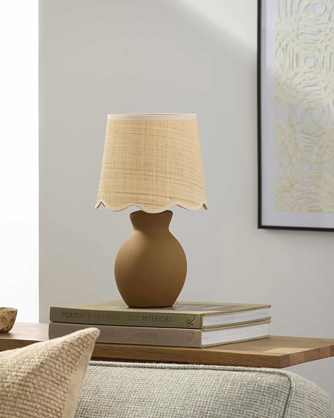 BoutiqueRugs Liliac Boho Ceramic and Jute Bedside Table Lamp for Bedroom Nightstand - End Side Lighting for Living Room - Shade Rattan - Brown, Beige - 15" H