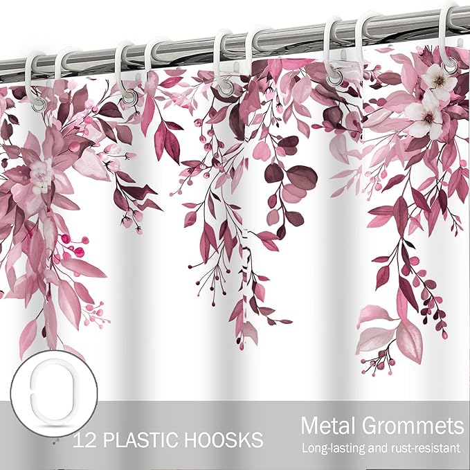 Eucalyptus Shower Curtain, Dark Red Watercolor Leaves with Floral Botanical Bathroom Decor, Waterproof Fabric Bath Curtain Set with Hooks, 72x72 Inches