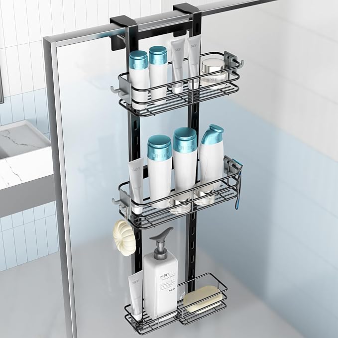 Nieifi Over the Door Shower Caddy, Adjustable 3 Tier Hanging Shower Organizer with Soap Holder Bathroom Shelves with Hooks, Black