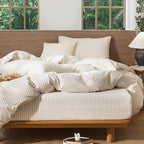 MooMee Striped Duvet Cover Set 100% Washed Cotton Linen Like Textured Breathable Durable Soft Comfy (Almond Milk Grey Classic Stripes, Queen 90"x90")