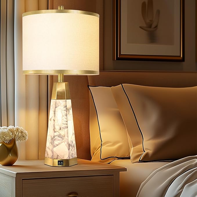 27" Natural Alabaster Table Lamps Set of 2 - Lamps for Living Room with Night Light, Bedside lamps with White Linen Shade, Nightstand Table Lamp with USB A+C Port for Bedroom Office (bulb included)