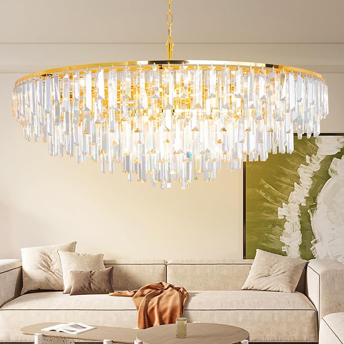 Gold Modern Round Top K9 Crystal Chandelier Lighting Fixture, 17 Lights Round K9 Crystal Adjustable Hanging Lamp for Dining Room Bedroom Living Room,Hallway,Bar,Kitchen W39''