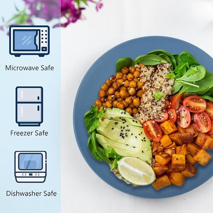 Homienly Flat Dinner Plates Set of 8 Alternative to Plastic Plates Microwave and Dishwasher Safe Wheat Straw Plates for Kitchen Unbreakable Plates for Camping, Salad(Blue, 10 inch)