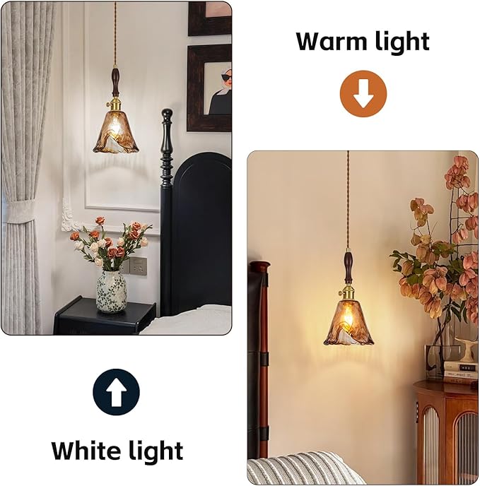 Brown Glass Vintage Pendant Light 6.18" Handmade Glass Pendant Lights Kitchen Island Gold Hanging Light Fixture for Bedroom Dining Room Hotel (1 Pack)