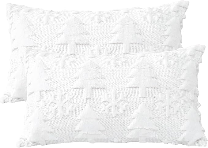 OTOSTAR Set of 2 Xmas Soft Plush Short Wool Velvet Decorative Throw Pillow Covers Rectangular Luxury Style Cushion Case Pillow Shell for Sofa Bedroom Tree and Snowflake White, 16x24 Inch