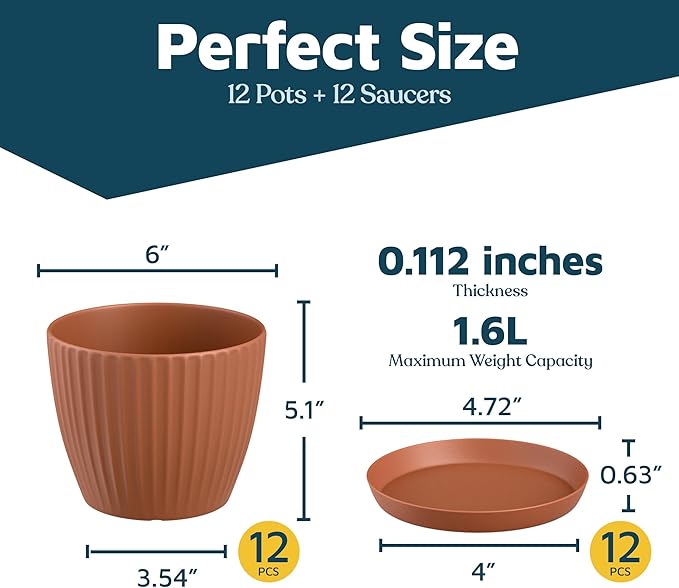 Terracotta 6-Inch Plant Pots with Drainage & Saucers 12 Pack, Indoor & Outdoor Planters for Houseplants, Herbs, and Flowers, Durable & Weatherproof Material, Stackable, Lightweight, Minimalist Design