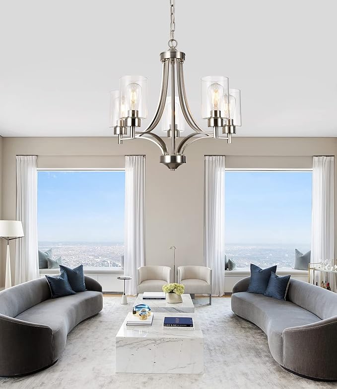 Brushed Nickel Chandelier Dining Room Light Fixture Kitchen Chandeliers Over Table Modern 5-Light Clear Glass Pendant Lighting Adjustable Chain Hanging for Foyer Bedroom Bathroom Hallway