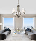 Brushed Nickel Chandelier Dining Room Light Fixture Kitchen Chandeliers Over Table Modern 5-Light Clear Glass Pendant Lighting Adjustable Chain Hanging for Foyer Bedroom Bathroom Hallway