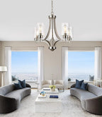 Brushed Nickel Chandelier Dining Room Light Fixture Kitchen Chandeliers Over Table Modern 5-Light Clear Glass Pendant Lighting Adjustable Chain Hanging for Foyer Bedroom Bathroom Hallway