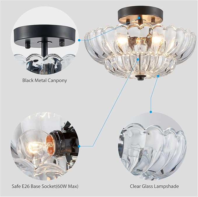 XINGQI Semi Flush Mount Ceiling Light Fixture Modern Black 3-Light Scalloped Glass Close to Ceiling Lighting for Living Room Entryway Bedroom Closet Hallway (Bulb Not Included)