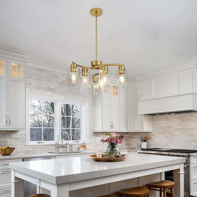 Modern Chandeliers for Dining Room 6-Light Gold Chandelier Seeded Glass Pendant Lights Kitchen Island for Living Room Foyer Bedroom E26 Base