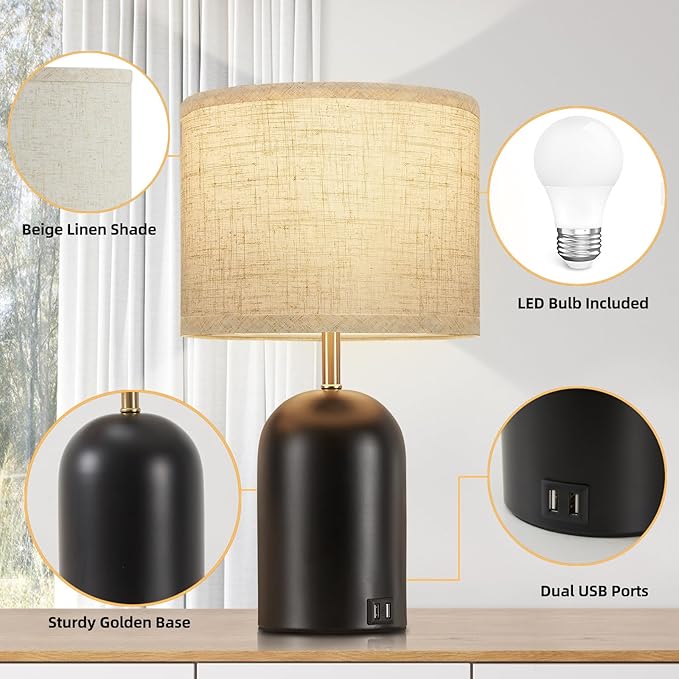 Bedside Lamps with USB C+A Charging Ports, Table Lamp Touch Control 3-Way Dimmable Modern Lamp for Bedroom Lamps for Night Stands with Fabric Shade for Living Room Office Dorm (LED Bulbs Included)
