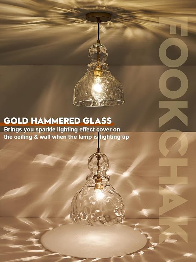 Hammered Glass Pendant Light, Pendant Lights Kitchen Island, Brushed Brass Kitchen Island Light Large 10 inch Gold Glass Ceiling Pendant Lights Over Sink for Hallway Entrance