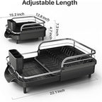 SNTD Dish Drying Rack, Expandable Dish Rack for Kitchen Counter, Stainless Steel Dish Drainer with Drainboard Set and Utensil Holder (Black)