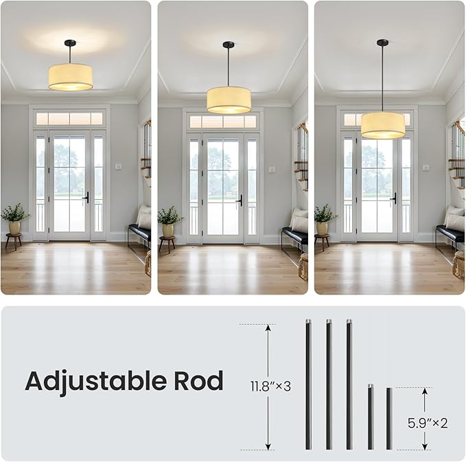 16'' Modern Chandelier, 3-Light Drum Chandelier with Classic Fabric Linen Shade, Farmhouse Adjustable Pendant Light Fixture for Dining Room, Bedroom, and Kitchen