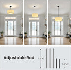 16'' Modern Chandelier, 3-Light Drum Chandelier with Classic Fabric Linen Shade, Farmhouse Adjustable Pendant Light Fixture for Dining Room, Bedroom, and Kitchen
