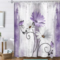 Rustic Farmhouse Shower Curtain, Farm Purple Daisy Floral Flowers and Butterfly on Country Wooden Shower Curtain for Bathroom, Violet Grey Bathroom Shower Curtains with 12PCS Hooks, 70X70IN