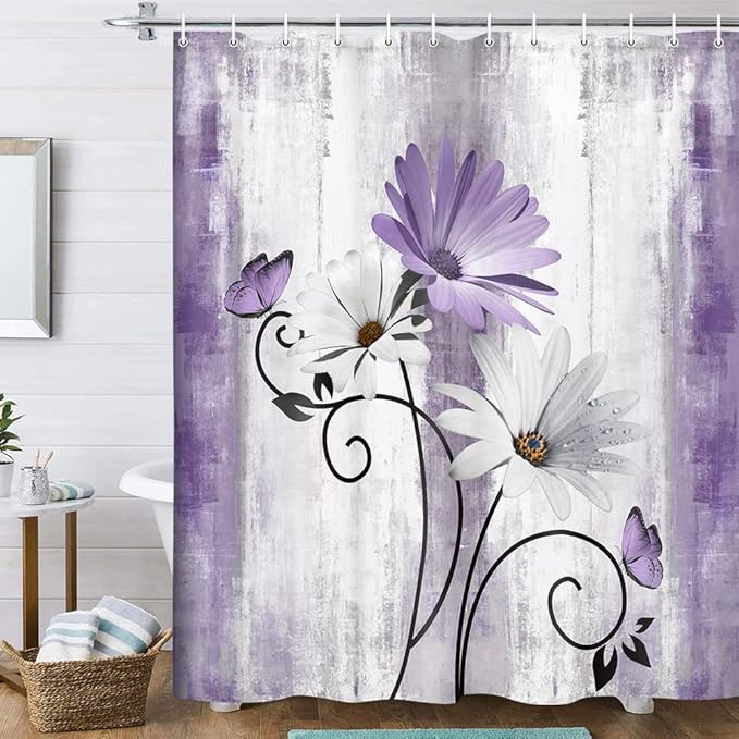 Rustic Farmhouse Shower Curtain, Farm Purple Daisy Floral Flowers and Butterfly on Country Wooden Shower Curtain for Bathroom, Violet Grey Bathroom Shower Curtains with 12PCS Hooks, 70X70IN