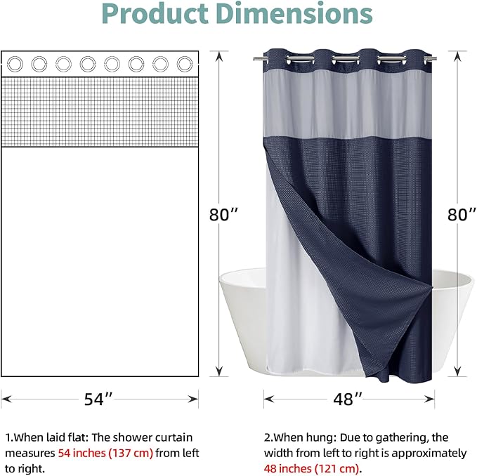 Navy No Hook Waffle Weave Shower Curtain with snap-in Liner Replacement, 230GSM Waterproof Fabric Hotel Shower Curtain Set for Bathroom, Through Mesh Top Window,54Wx80H