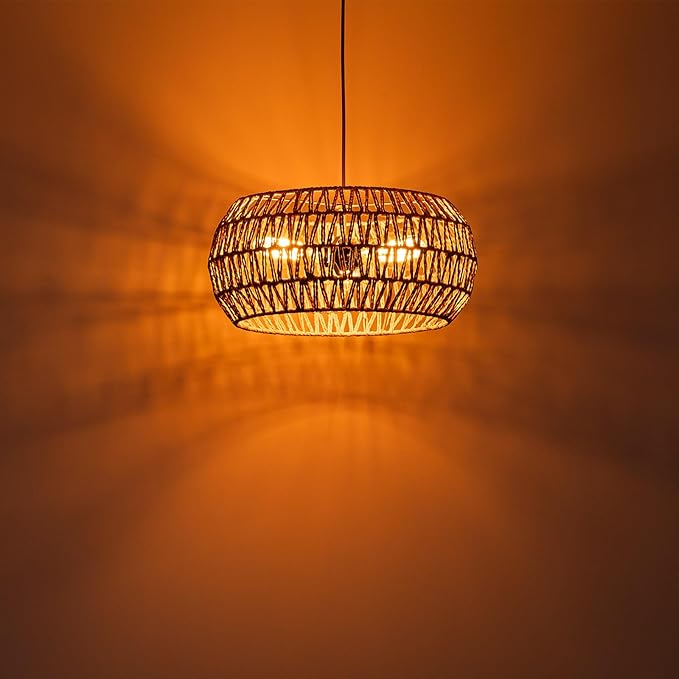 Rattan Light Fixture Dinning Room Pendant Light Boho Chandelier Hanging Light Ceiling Mount Hand Woven Lamp Shade 3-light Drum Chandelier Basket Light for Bedroom Hallway Kitchen Island Light Fixture