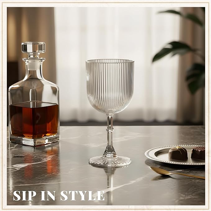 Plastic Wine Glasses 9oz Set of 12, Crystal Clear Ribbed Vintage Goblets Unbreakable Reusable BPA-Free Stemmed Drinking Glasses for Parties, Weddings & Events