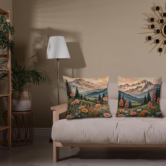 JINYO Watercolor Wildflower Mountain Meadow Pillow Covers 18x18 Set of 2, Pastel Nature Forest Landscape Decorative Throw Pillow Covers for Living Room Bedroom Home, Nature Room Decor